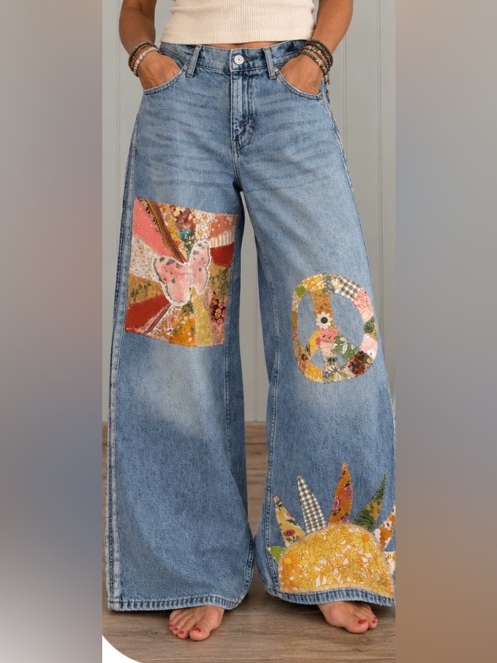 Light Blue Patchwork Wide-Leg Women’s Jeans